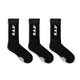 Three black socks with white lettering.